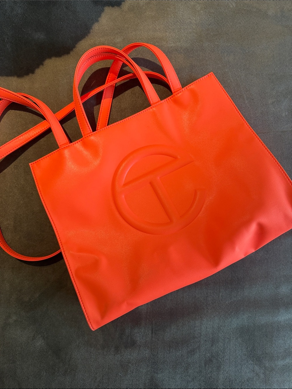 Telfar Medium Tote Bag in Bright in Coral with Embossed Logo